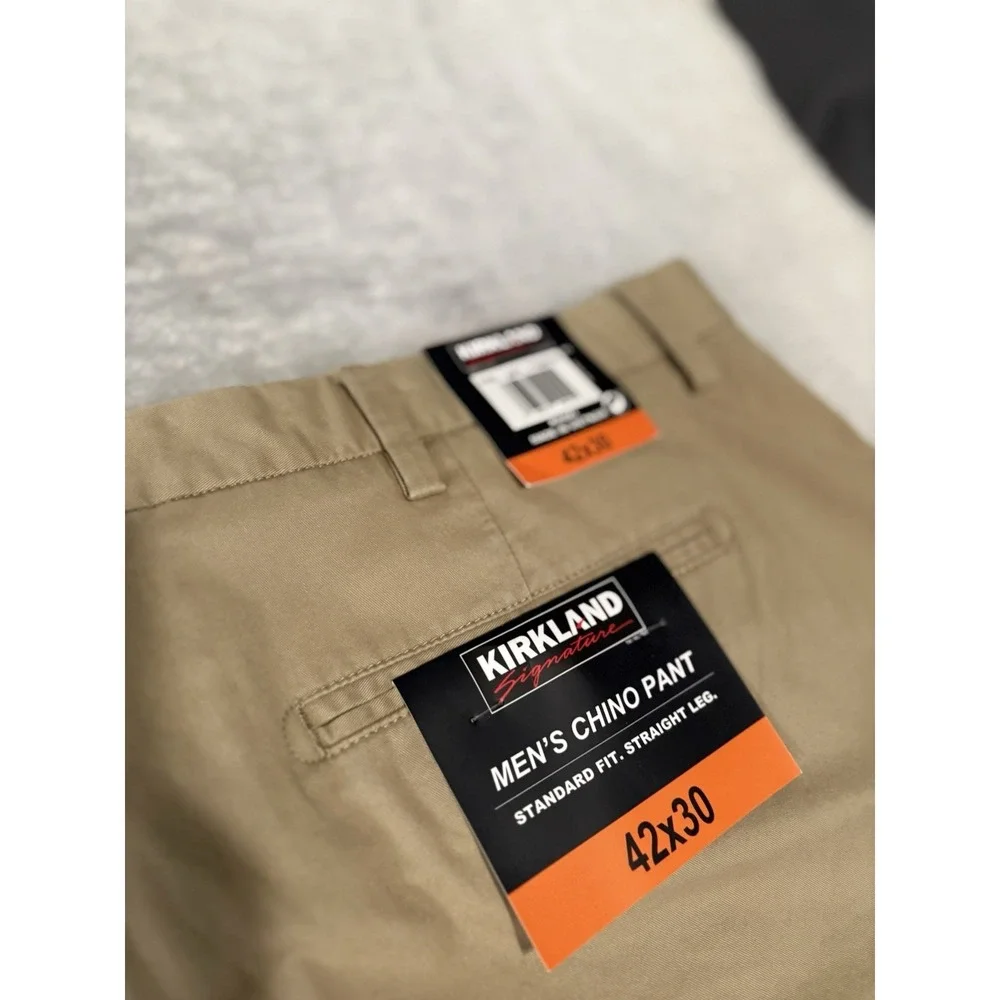 New Kirkland Men's Chino Pants Size 42x30 Standard Fit Beige Trousers‎ Stretch